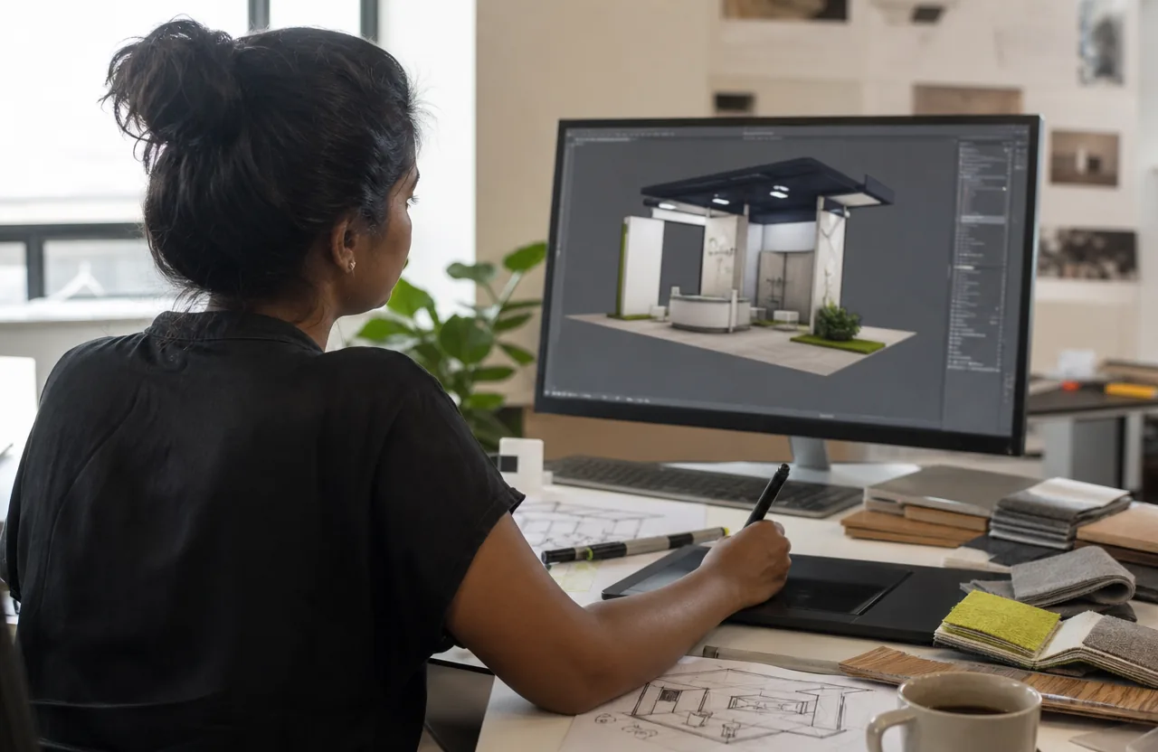 Singapore exhibition designer reviewing a 3D model of a custom exhibition stand in the studio